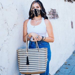 Oaxacan tote (black), embroidered mask, tassel